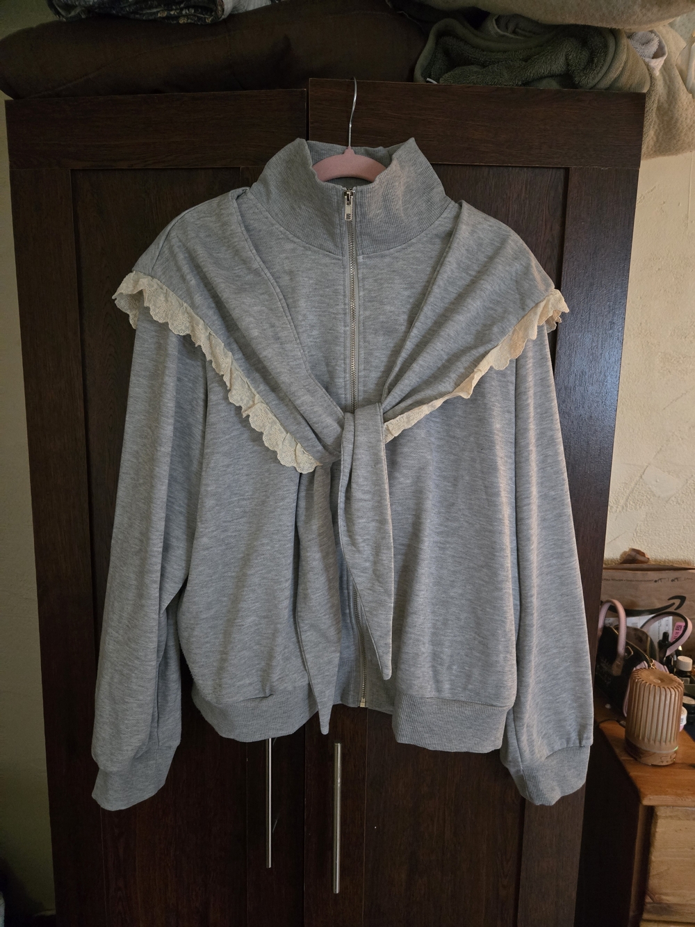 Gray Zip-Up Sweatshirt with Cream Lace Detail And Sailor Collar